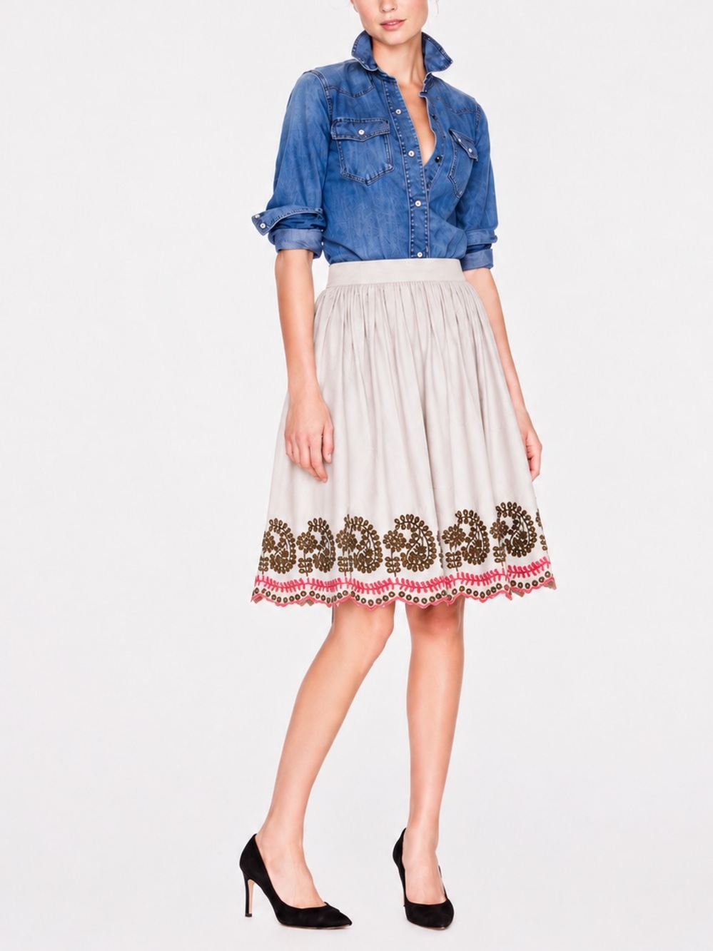 Boho Embroidered Cream Skirt with Pink Trim (0057)